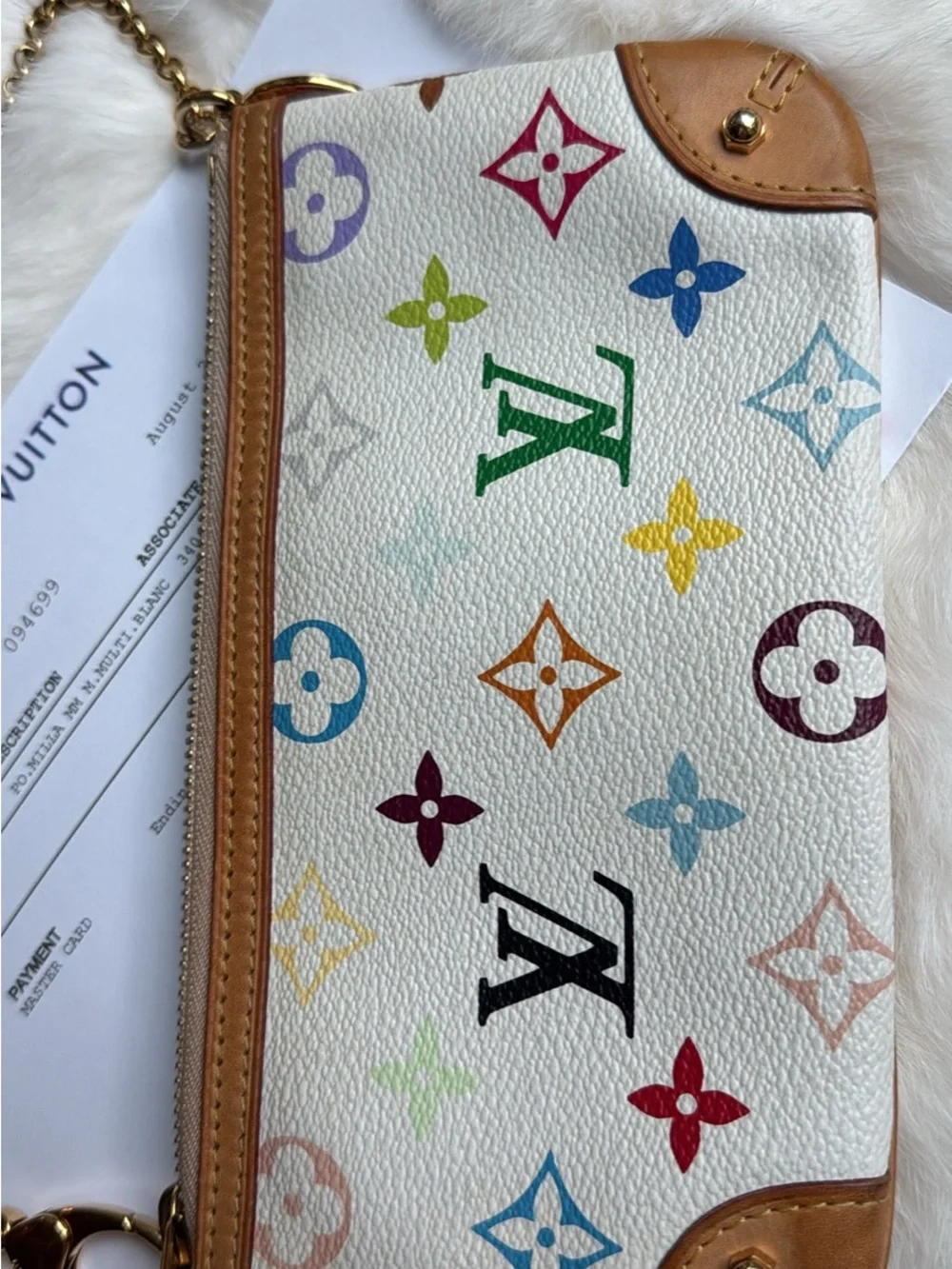 Louis Vuitton White Multicolor Monogram Mini wristlet clutch milla  Gold Chain